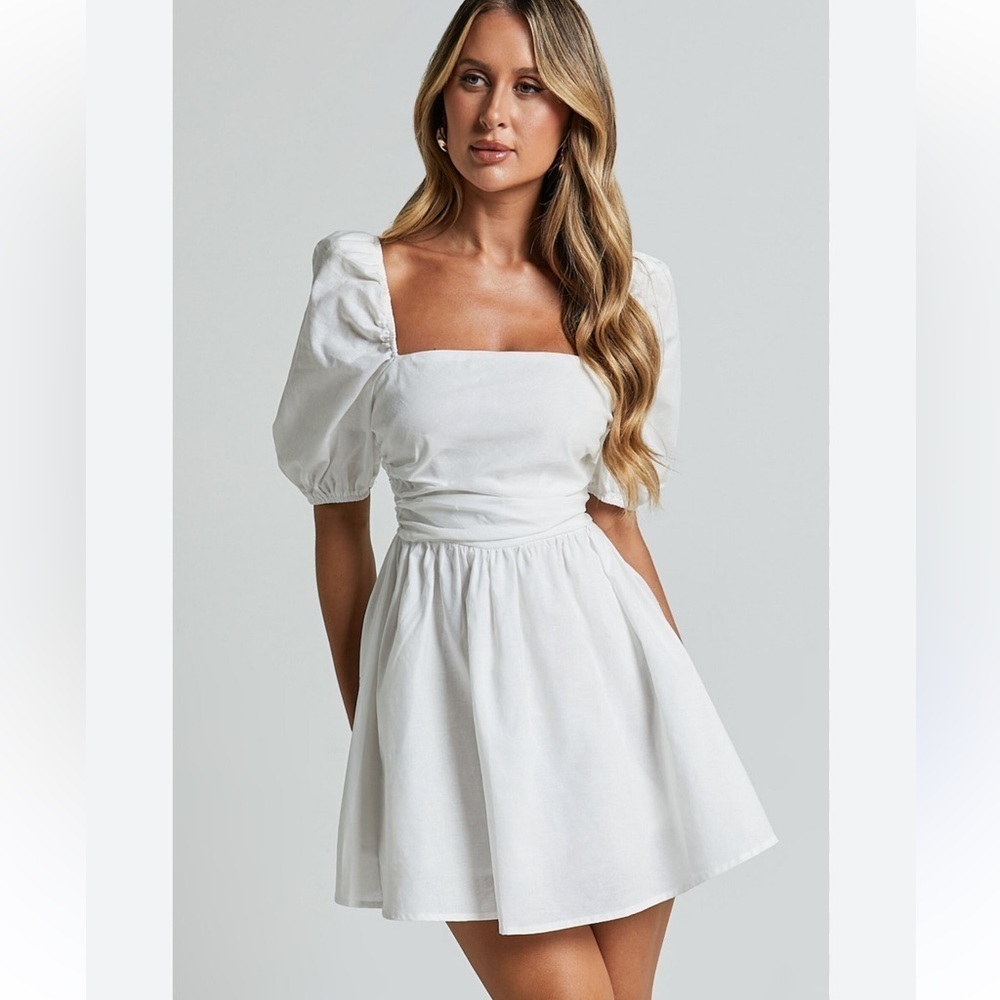 🆕 Showpo | Claudina Linen Blend Mini Puffed Sleeve White Dress Sz 12 NWT